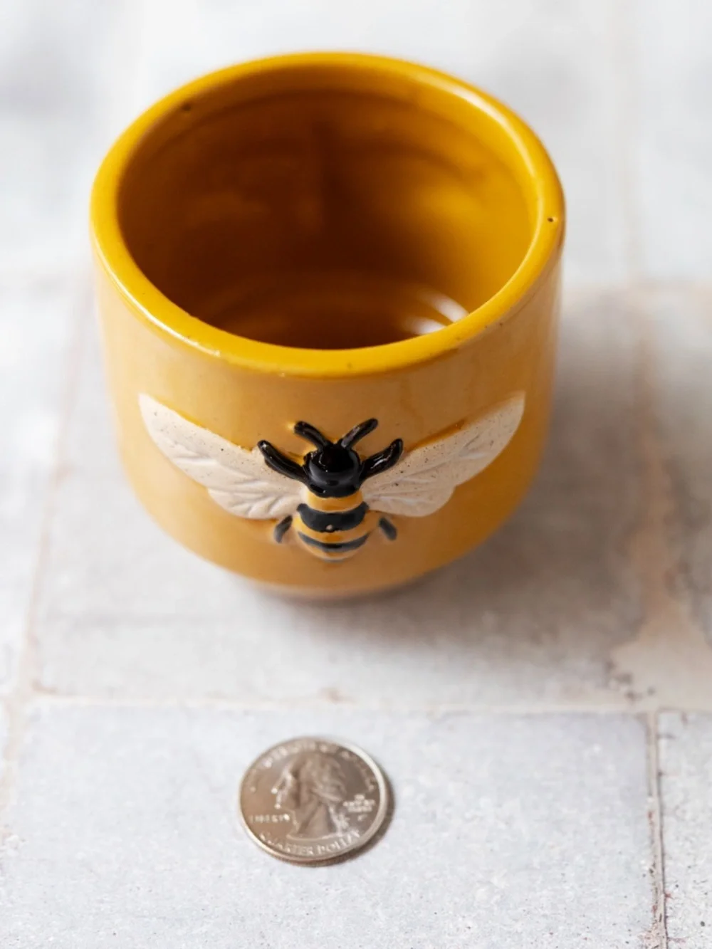 Small ceramic harvest gold yellow planter with bees 2.75